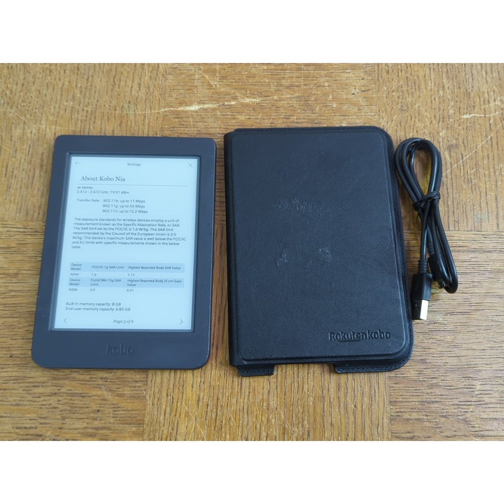 Kobo Nia (Model N306) eBook eReader 8GB , WiFi- Black w/ Case & USB Bundle
